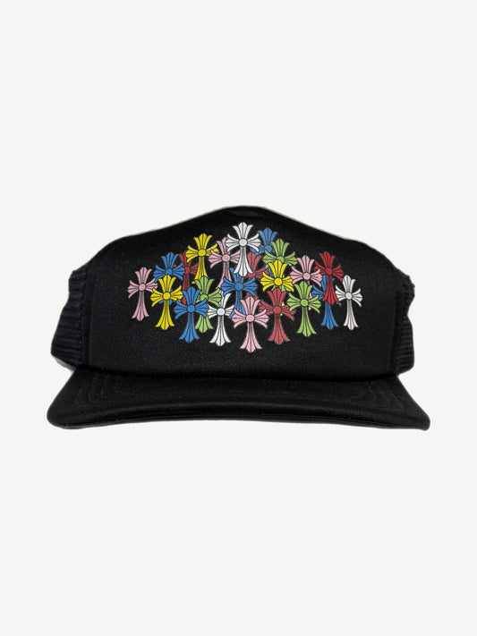 Chrome Hearts black trucker hat front view with mesh back panel and embroidered CH cross logo.