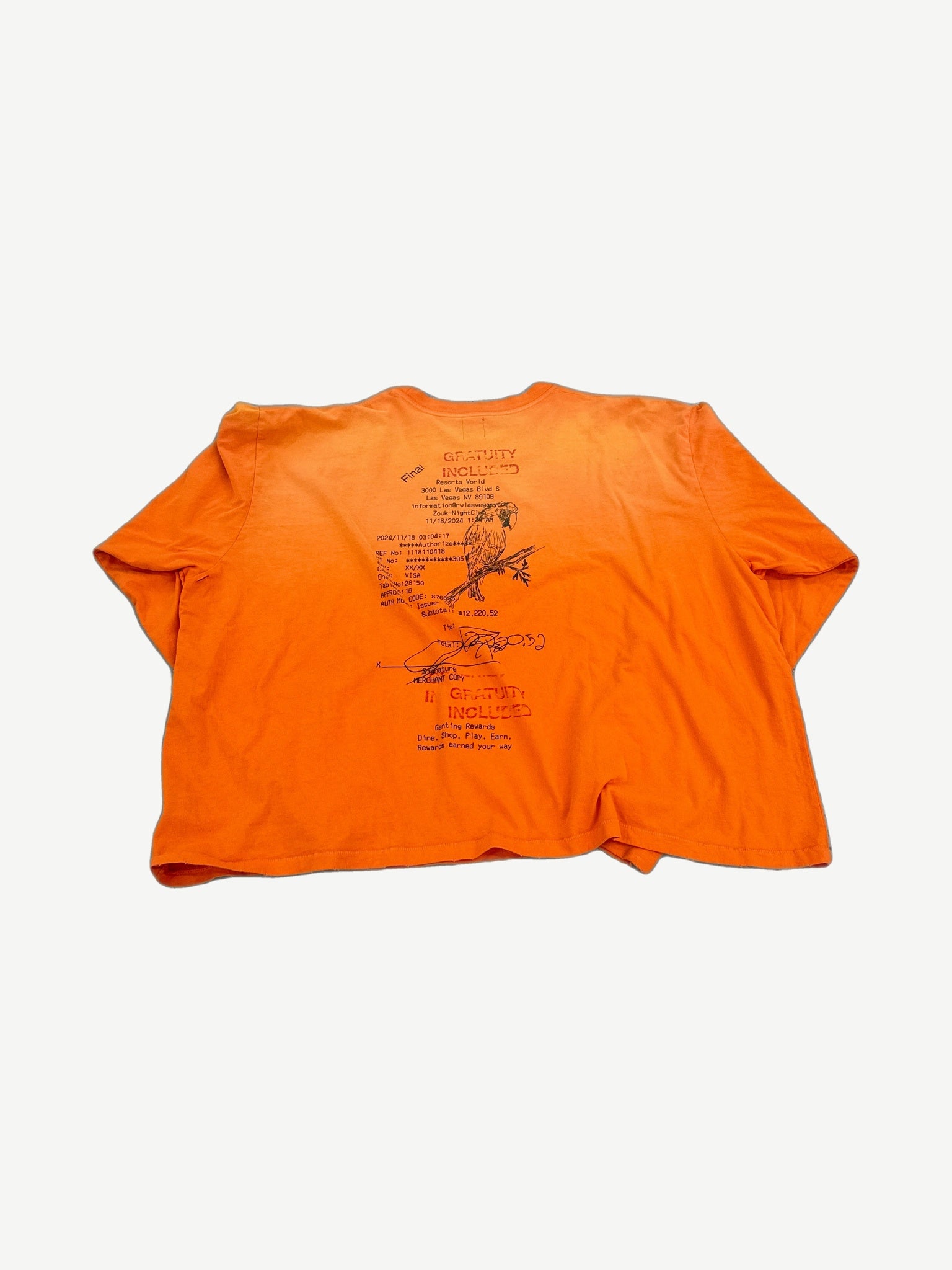 Back of HMDD Gratuity Included orange longsleeve with printed Las Vegas receipt and parrot graphic