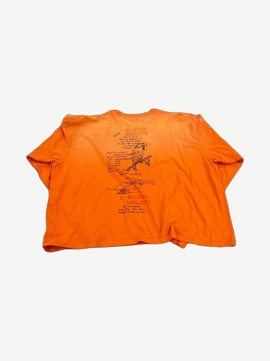Back of HMDD Gratuity Included orange longsleeve with printed Las Vegas receipt and parrot graphic