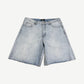 HMDD Billie Jean light wash denim crystal shorts front with allover rhinestones and raw cut hem.