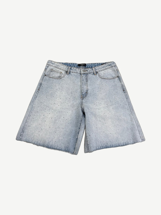 HMDD Billie Jean light wash denim crystal shorts front with allover rhinestones and raw cut hem.