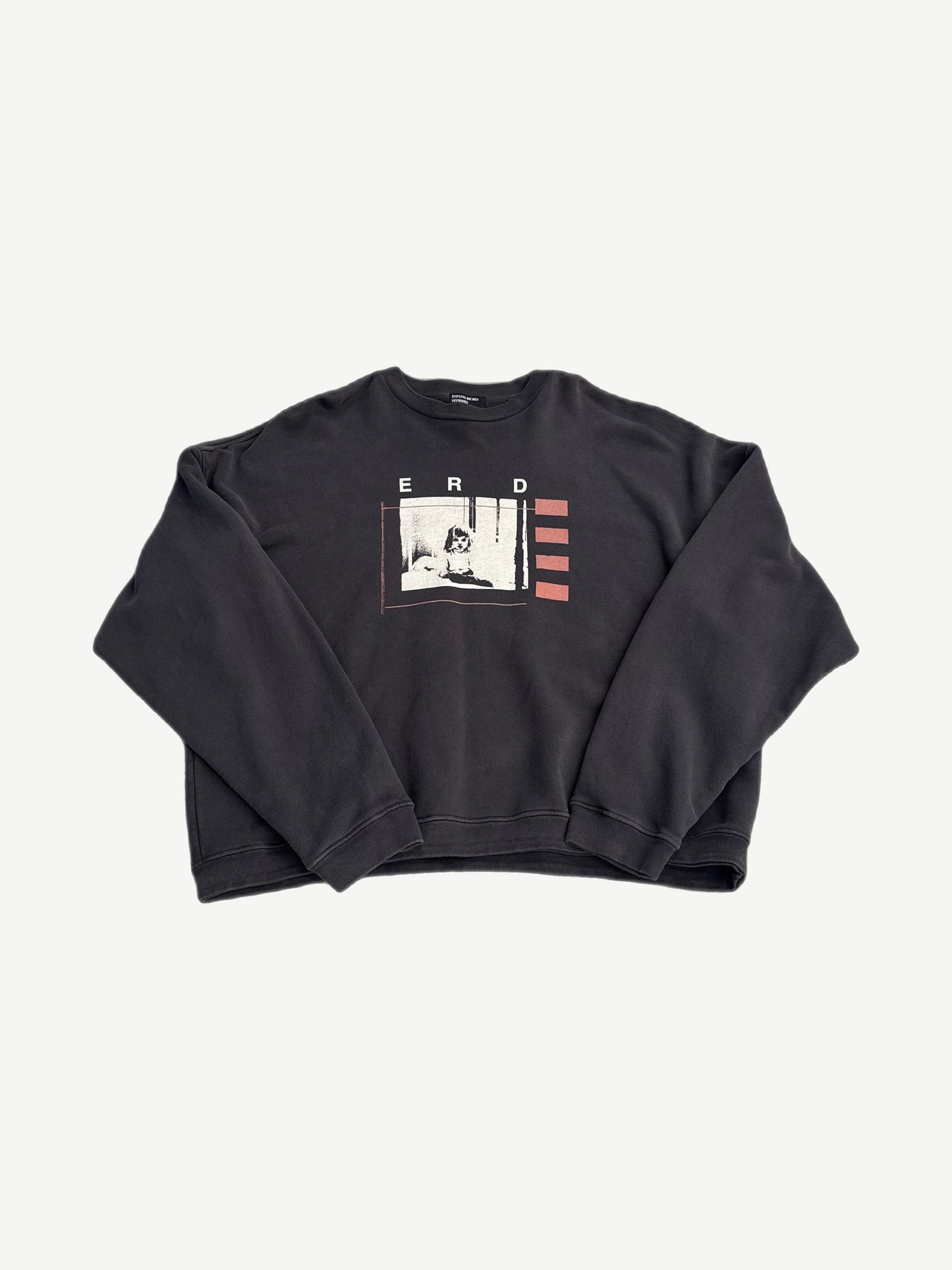 Enfants Riches Deprimes faded black crewneck sweatshirt with ERD logo and little girl photo print at chest