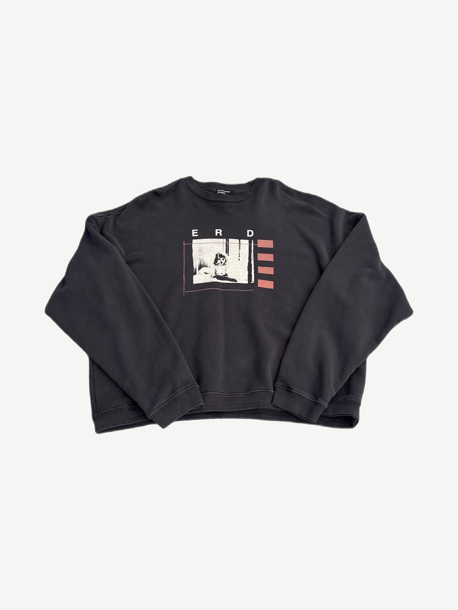 Enfants Riches Deprimes faded black crewneck sweatshirt with ERD logo and little girl photo print at chest