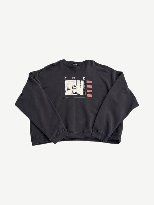 Enfants Riches Deprimes faded black crewneck sweatshirt with ERD logo and little girl photo print at chest