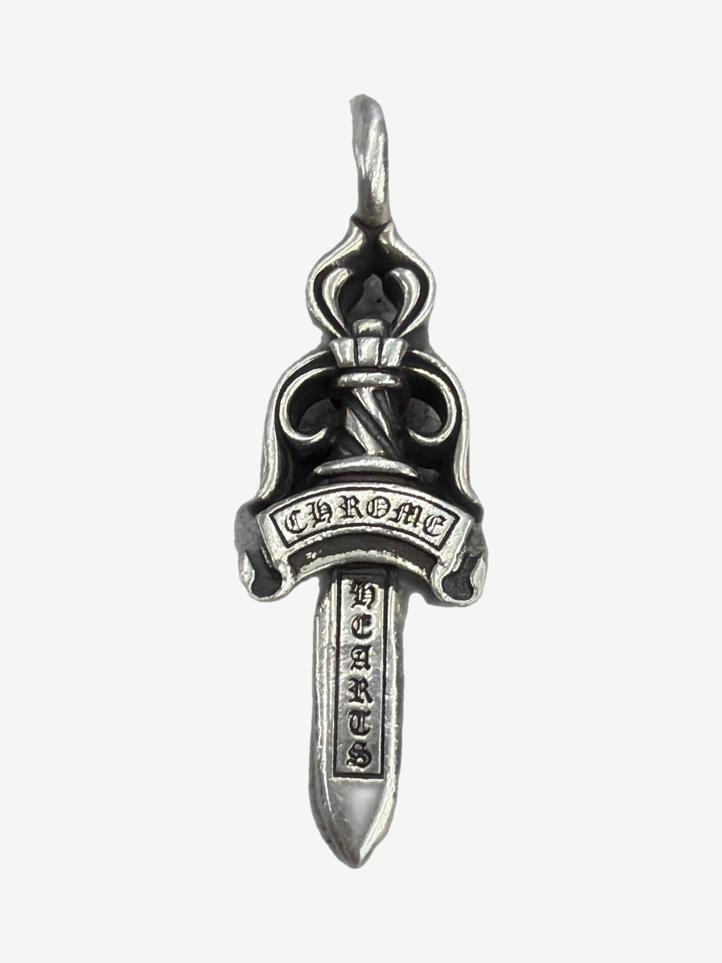 Chrome Hearts Double Dagger silver pendant with gothic Chrome Hearts banner across crossed daggers.