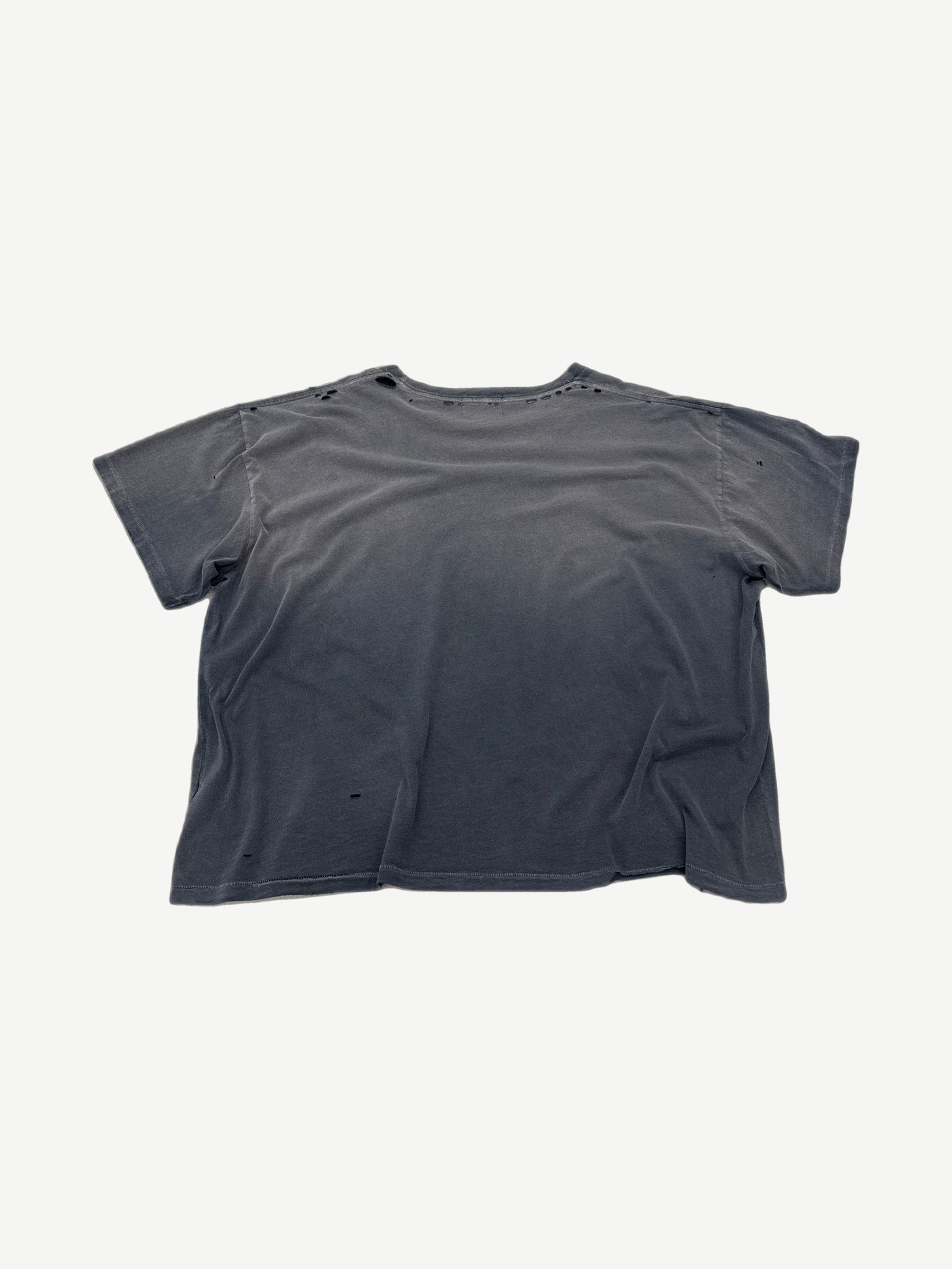 Gallery Hills Clockwork tee back view in distressed dark grey with holes and aged fading