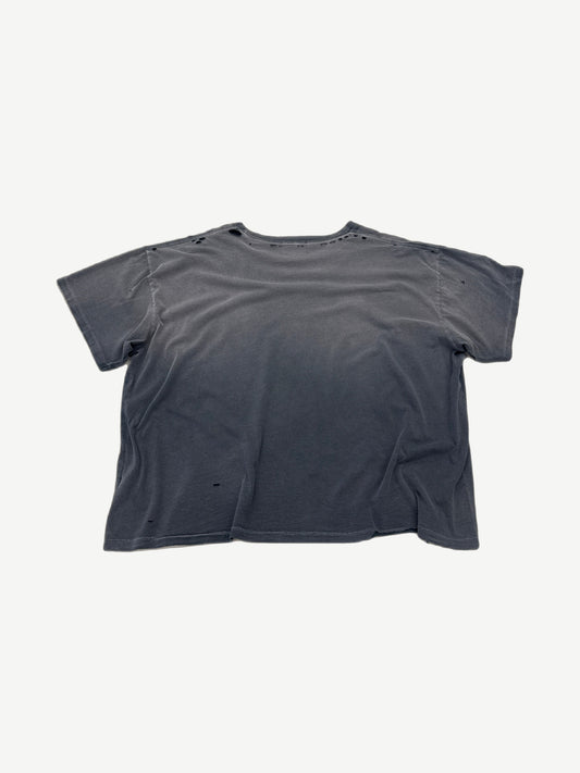 Gallery Hills Clockwork tee back view in distressed dark grey with holes and aged fading