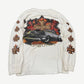 Vintage West Coast Choppers white flame long sleeve, back view featuring large WCC iron cross and flame print.