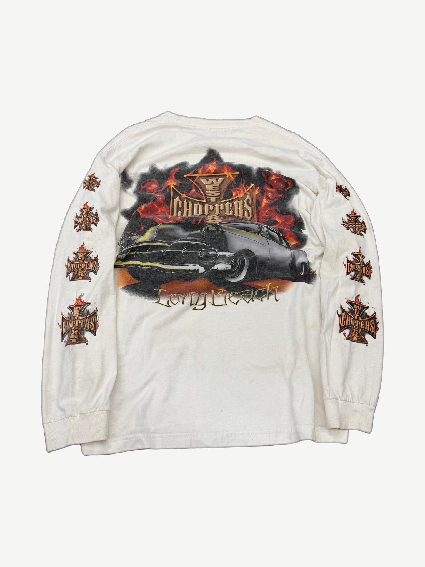 Vintage West Coast Choppers white flame long sleeve, back view featuring large WCC iron cross and flame print.