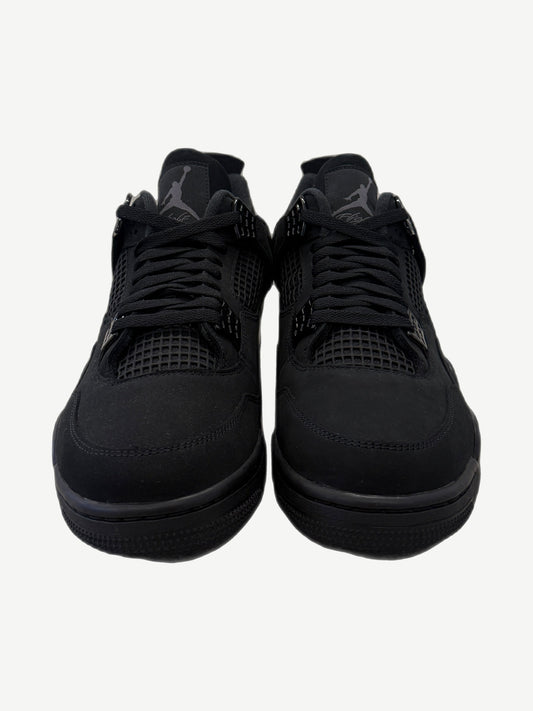 Front view of Air Jordan 4 Black Cat 2025 with reflective Jumpman tongue tag and triple-black nubuck upper