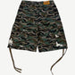 Bottega Desires camo cargo shorts back view showing rear pockets and distressed frayed cuff detail