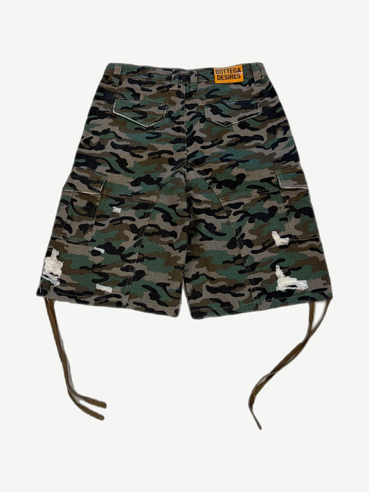 Bottega Desires camo cargo shorts back view showing rear pockets and distressed frayed cuff detail