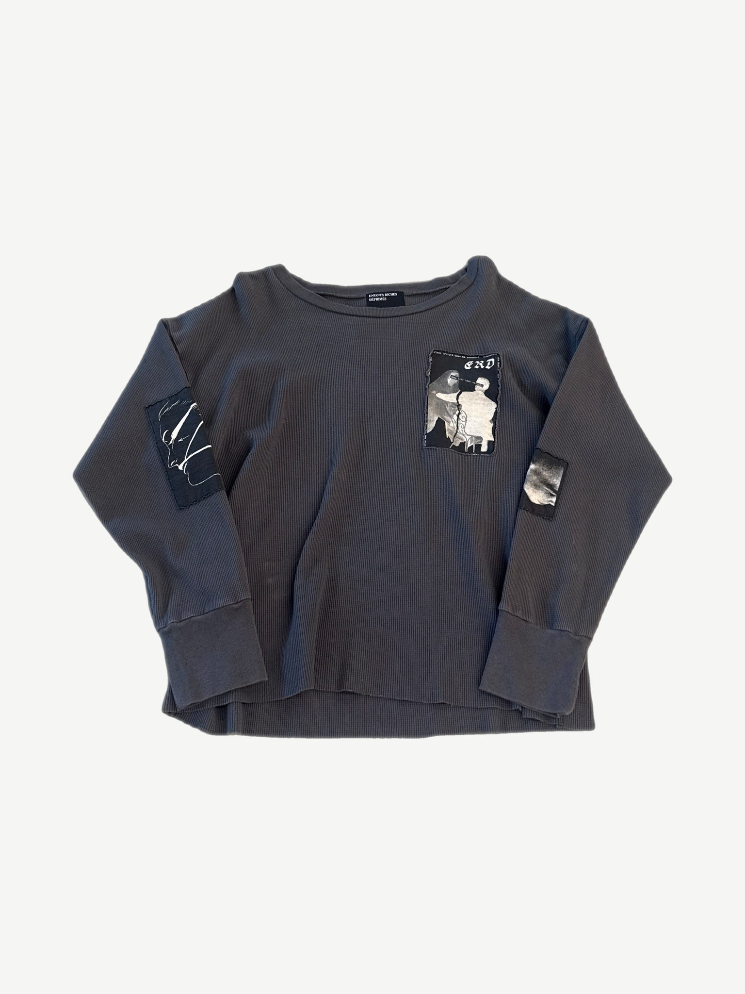 Enfants Riches Deprimes Assemblage thermal longsleeve in cream waffle knit with stitched patch graphics on front