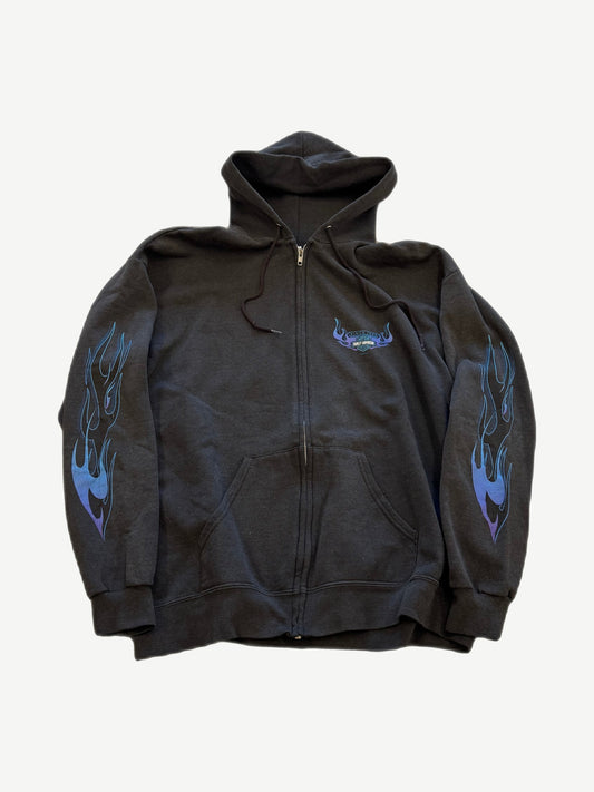 Vintage Harley Davidson blue flame Ohio zip-up hoodie with embroidered eagle and flame chest graphic