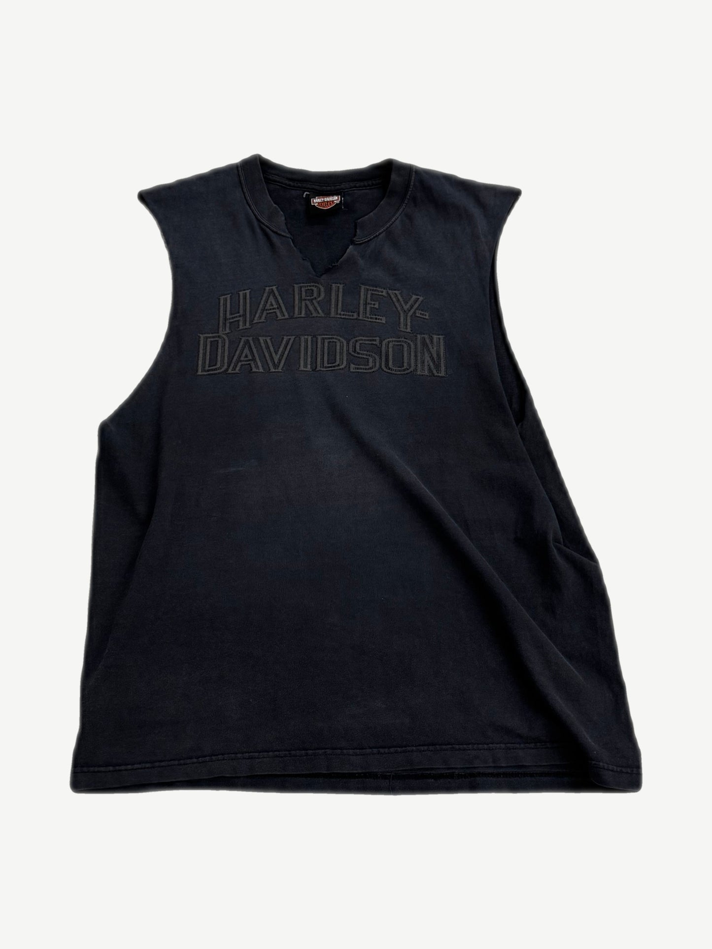 Vintage Harley-Davidson Detroit cutoff tee front, faded black sleeveless with tonal logo arch
