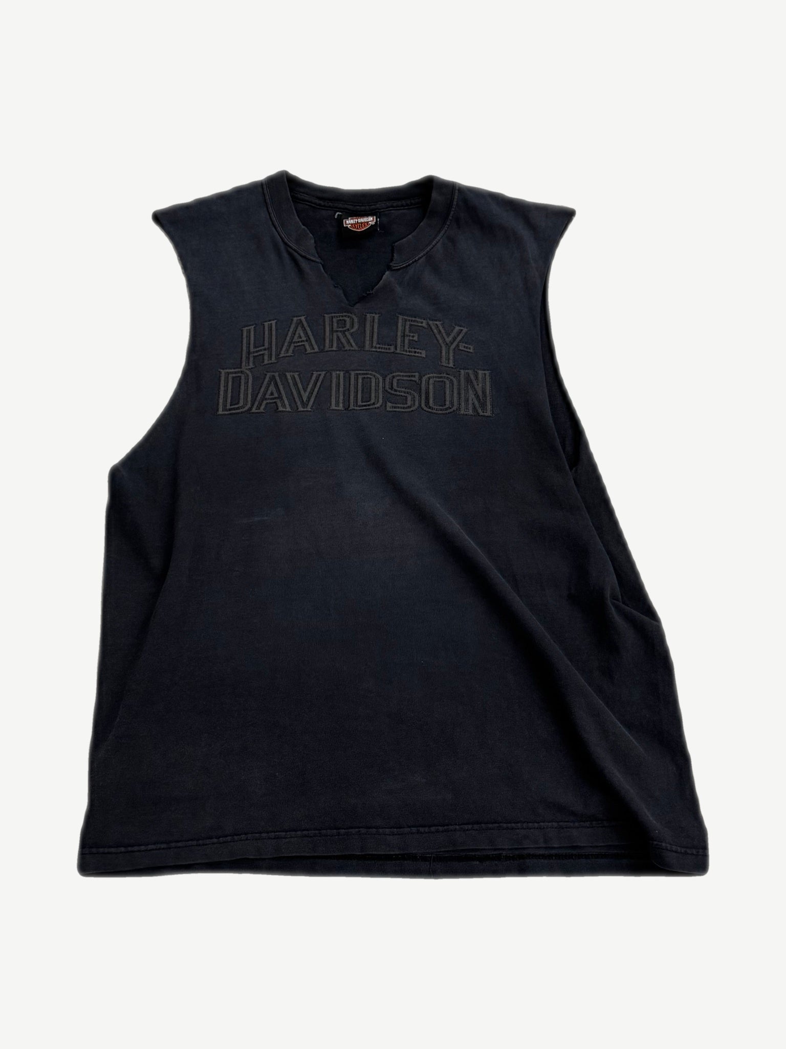 Vintage Harley-Davidson Detroit cutoff tee front, faded black sleeveless with tonal logo arch