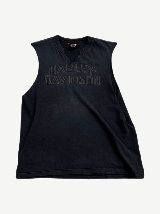 Vintage Harley-Davidson Detroit cutoff tee front, faded black sleeveless with tonal logo arch