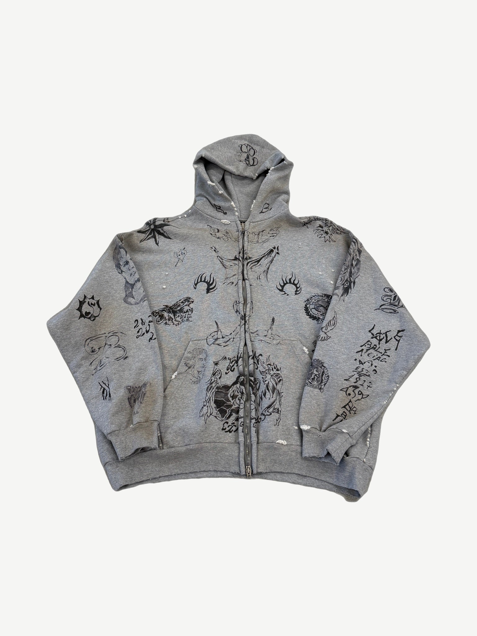 Balenciaga gray oversized zip-up hoodie covered in all-over black tattoo flash prints of script, faces and symbols