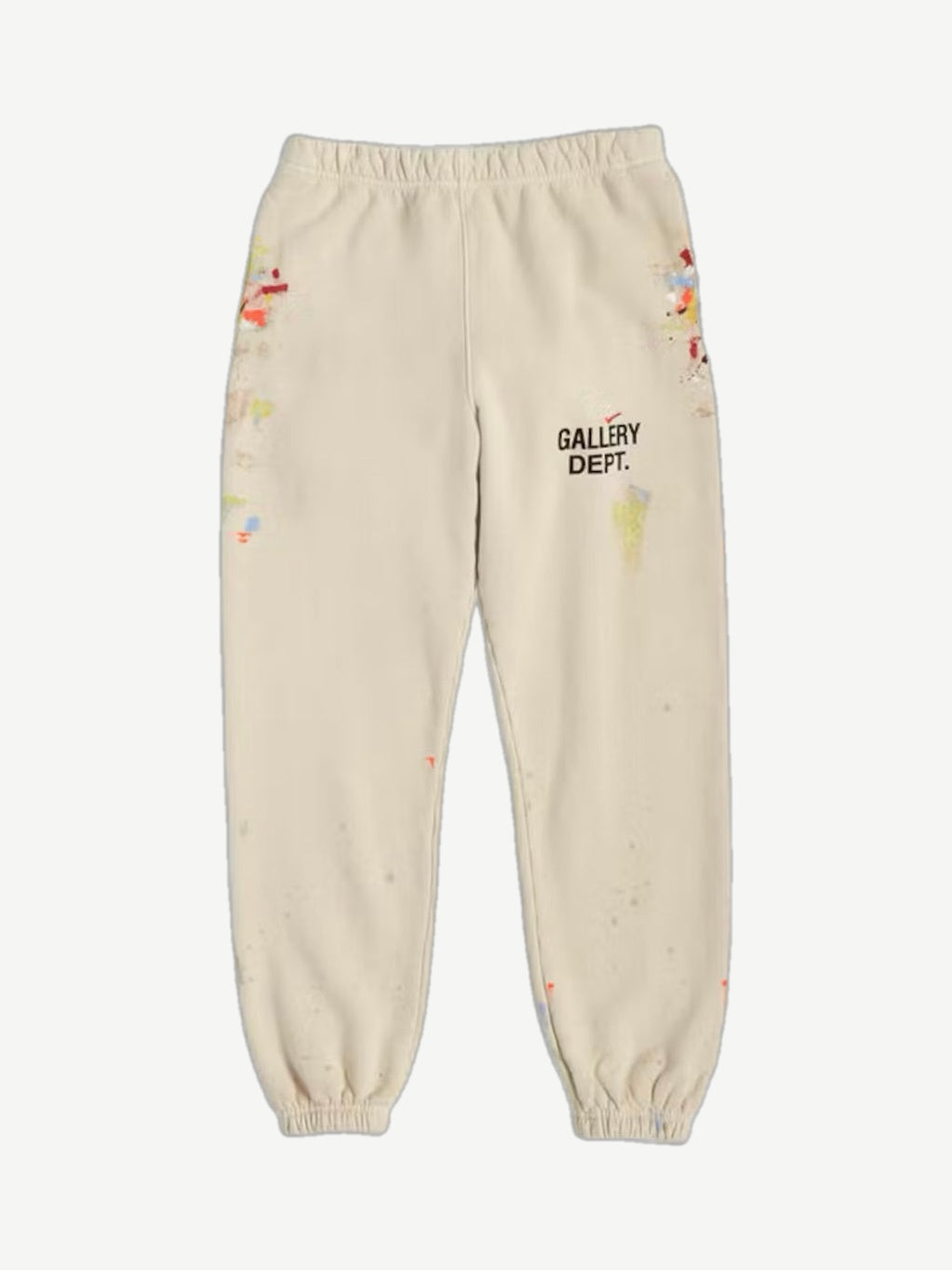 Gallery Dept cream sweatpants front view with black logo center thigh and multicolor paint splatter detailing