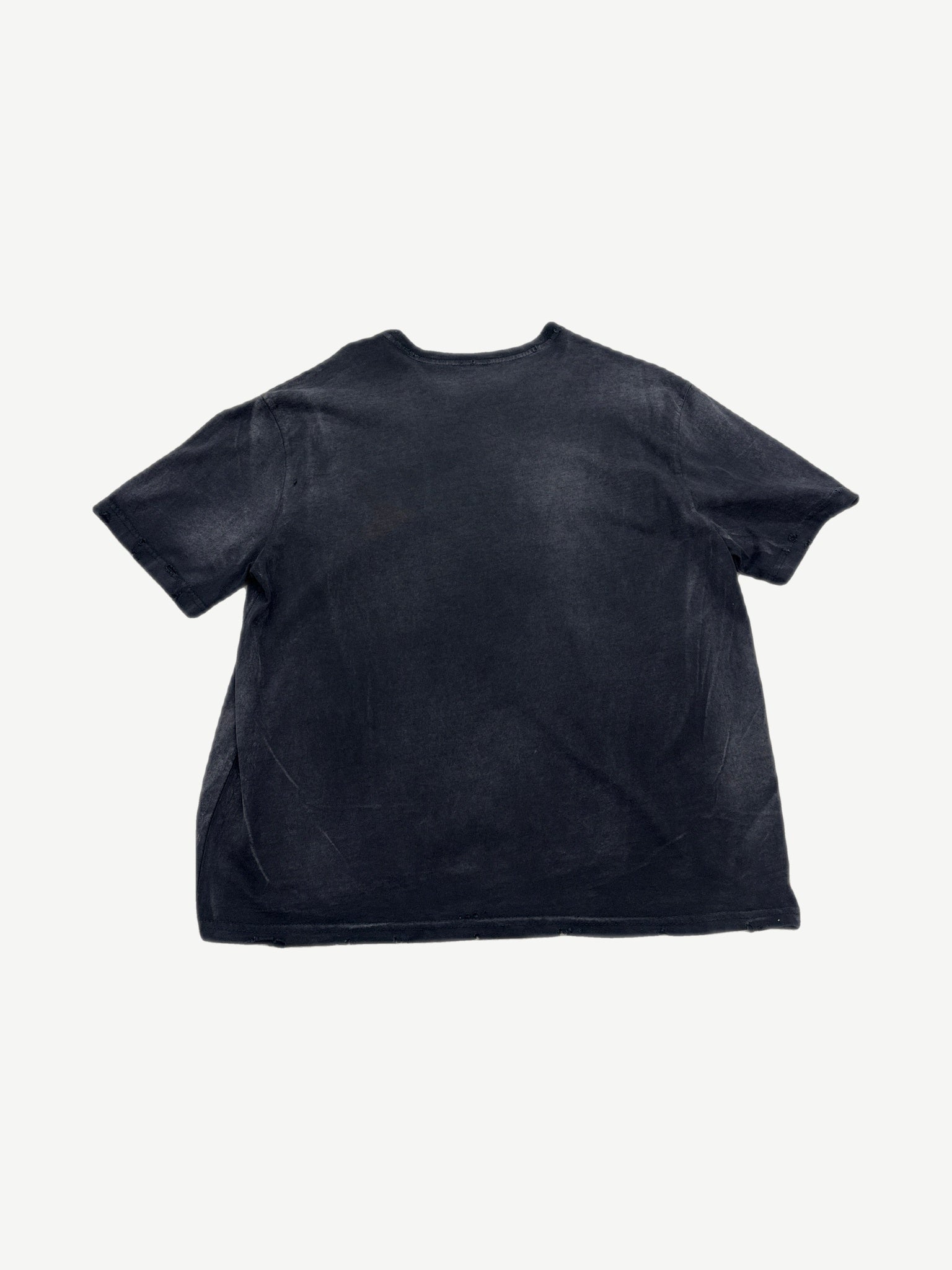 GV Gallery Raspberry Hills Code 77 tee back view in faded black cotton with raw distressed hem and short sleeves.