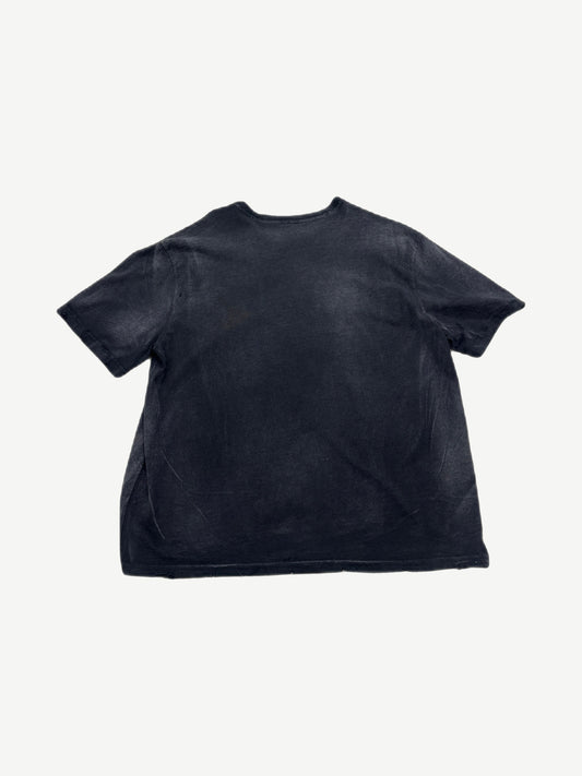 GV Gallery Raspberry Hills Code 77 tee back view in faded black cotton with raw distressed hem and short sleeves.