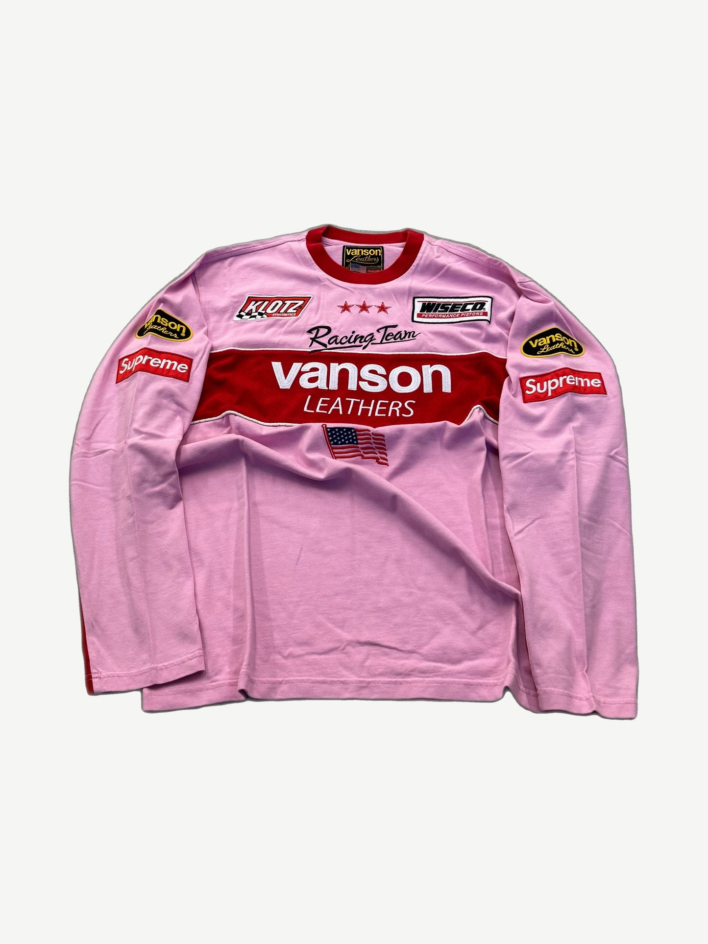 Supreme Vanson Leathers pink longsleeve, racing jersey with red chest panel and motorsport patches