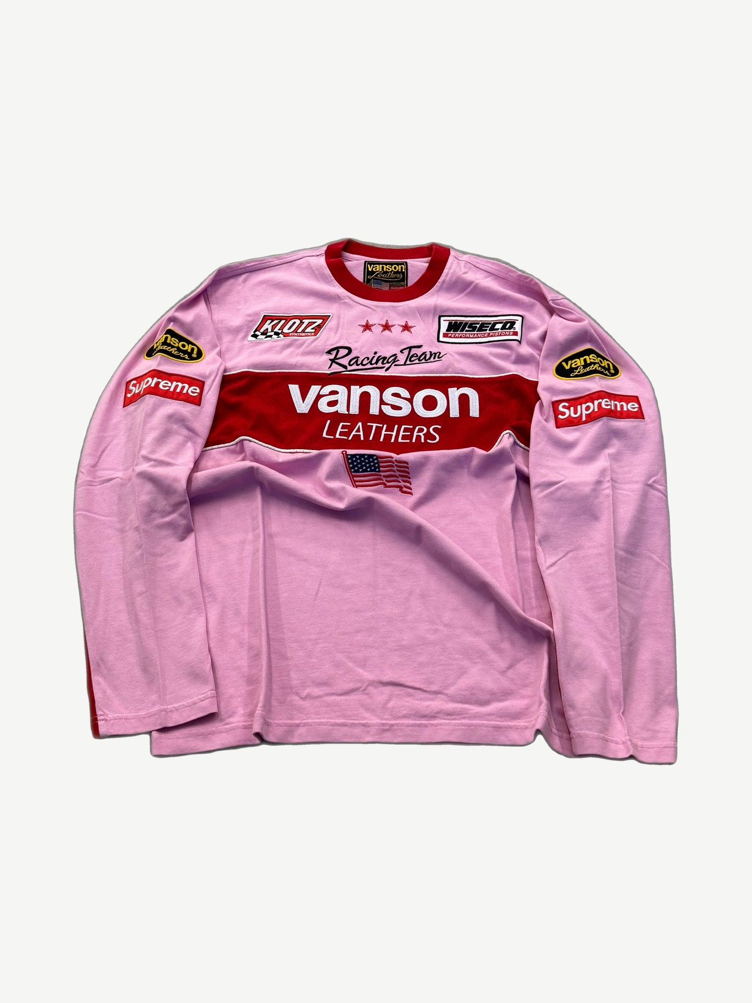 Supreme Vanson Leathers pink longsleeve, racing jersey with red chest panel and motorsport patches