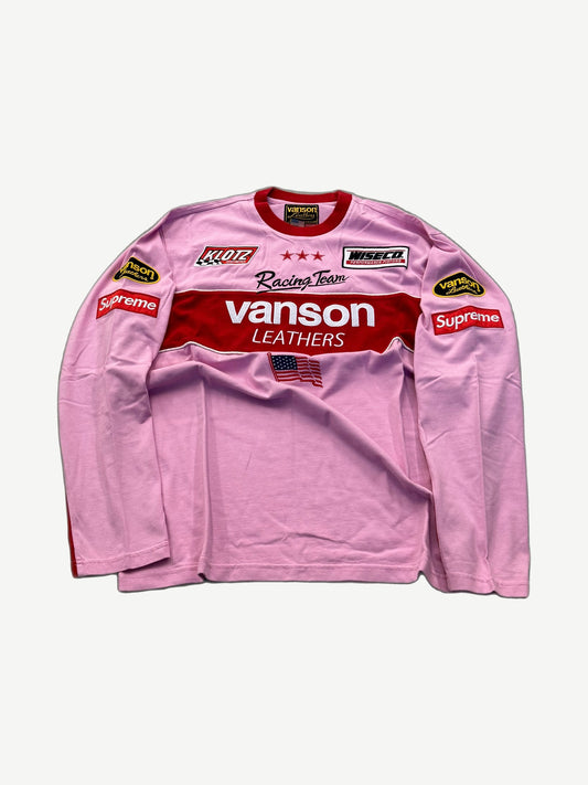 Supreme Vanson Leathers pink longsleeve, racing jersey with red chest panel and motorsport patches