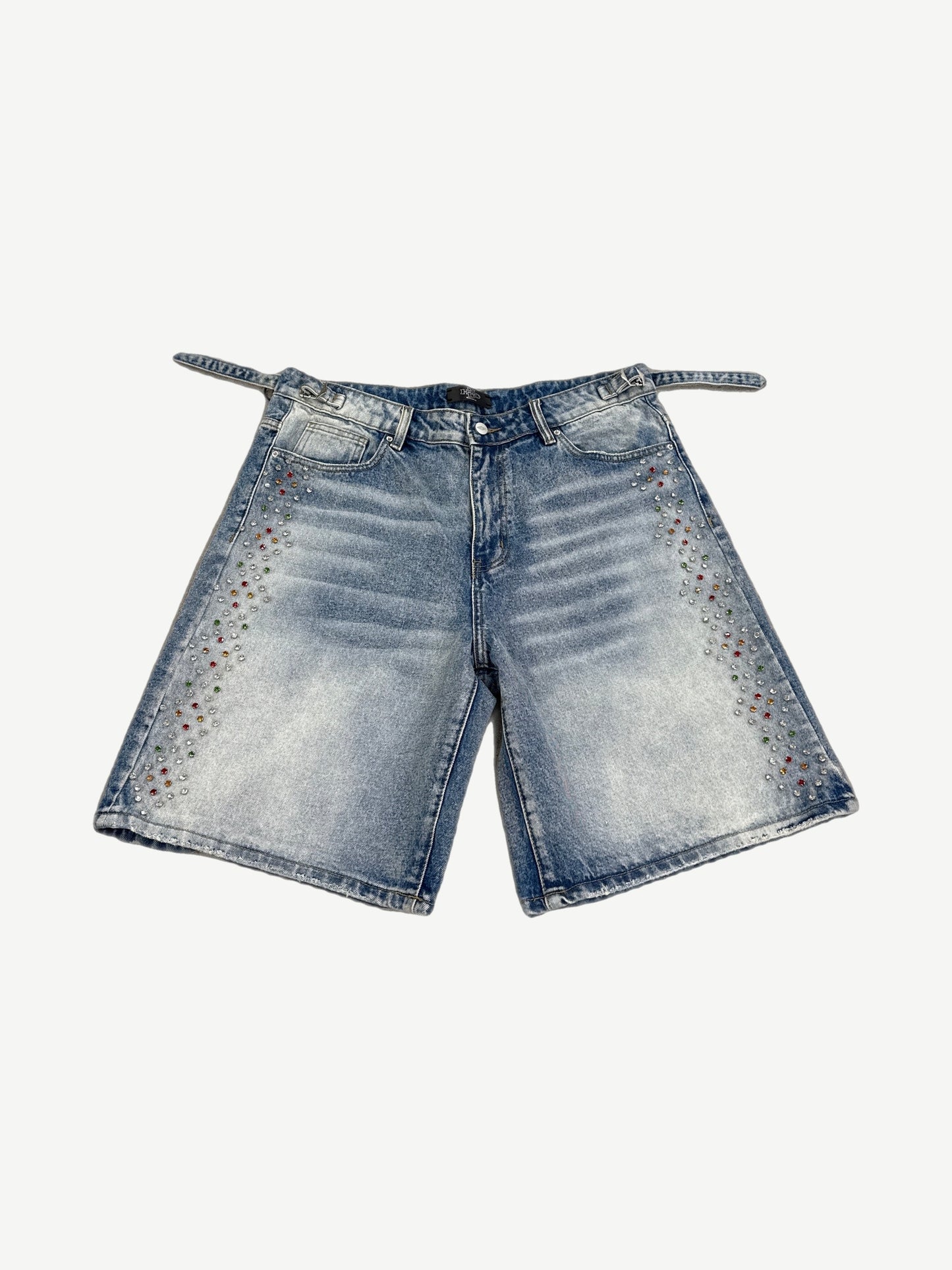 HMDD light blue washed denim shorts with multicolor rhinestone constellation detailing around front pockets