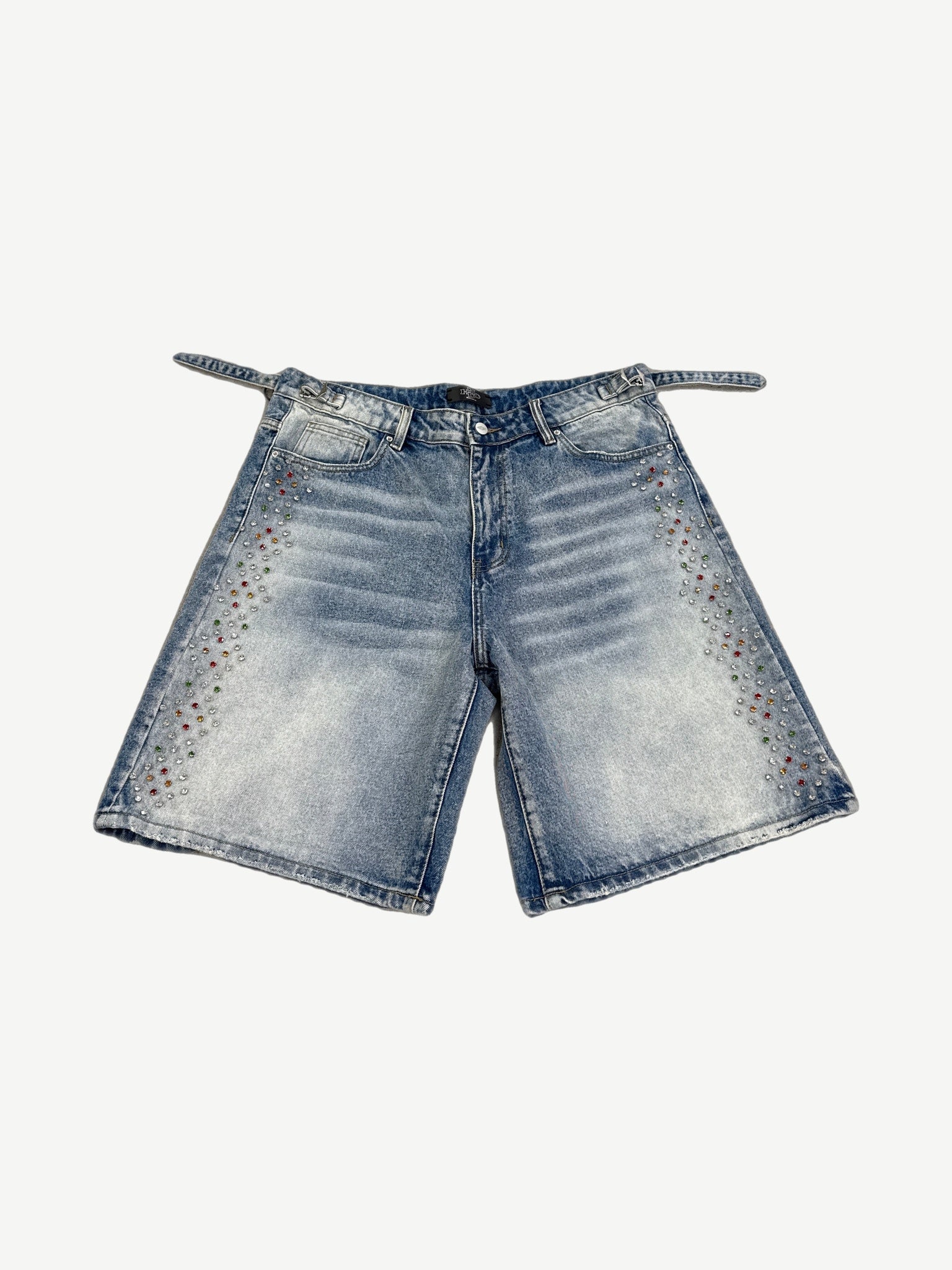 HMDD light blue washed denim shorts with multicolor rhinestone constellation detailing around front pockets