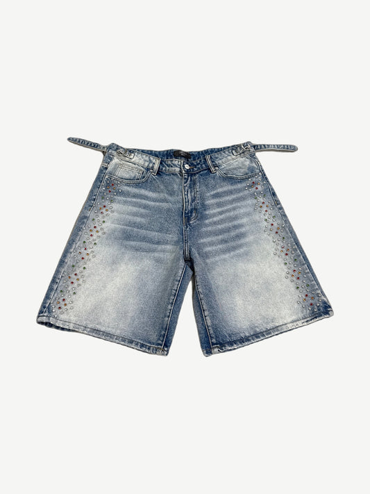 HMDD light blue washed denim shorts with multicolor rhinestone constellation detailing around front pockets