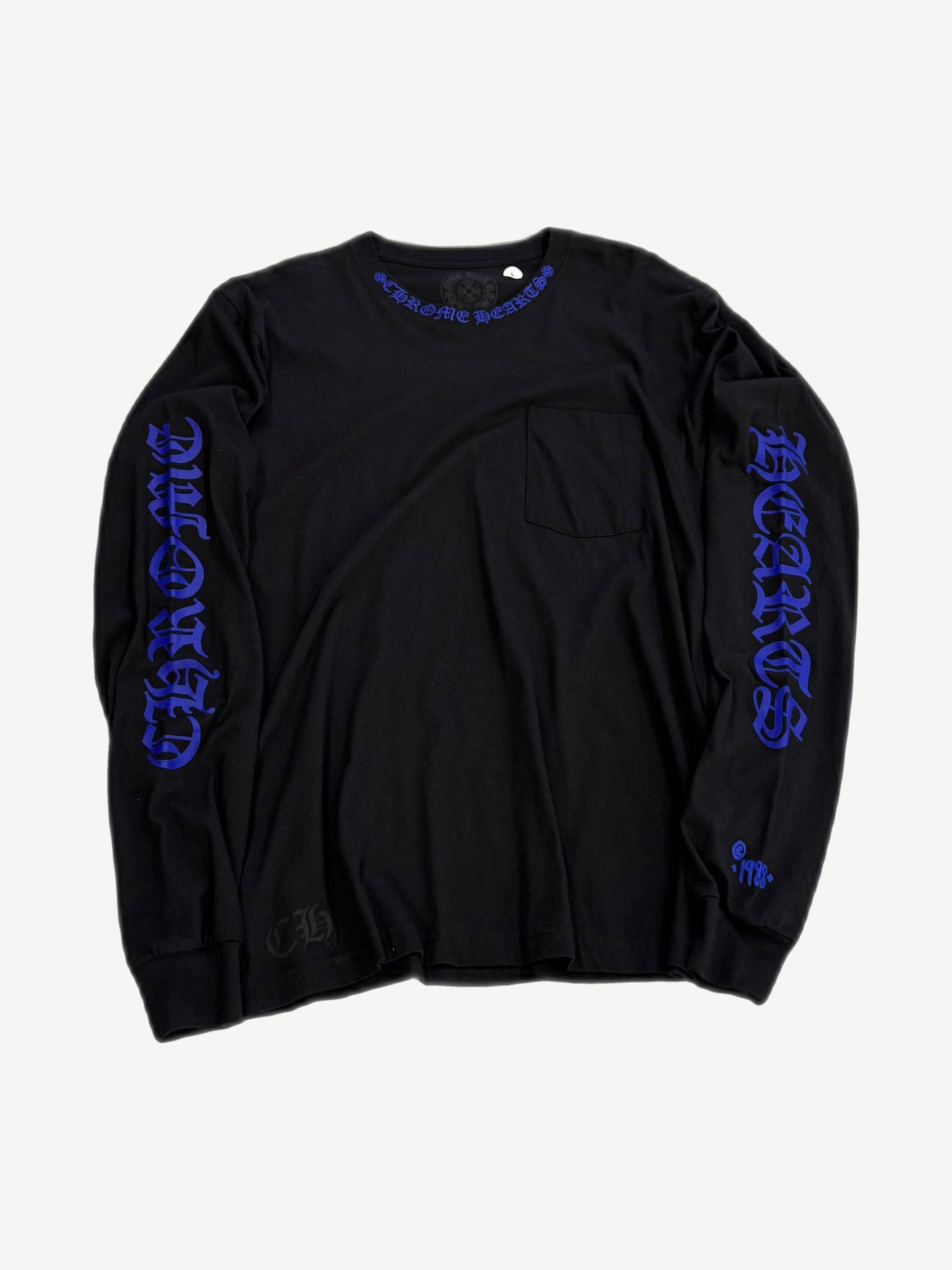 Chrome Hearts black longsleeve tee with cobalt blue gothic CHROME HEARTS print on both sleeves and neck cross logo.