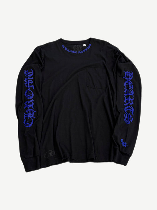 Chrome Hearts black longsleeve tee with cobalt blue gothic CHROME HEARTS print on both sleeves and neck cross logo.