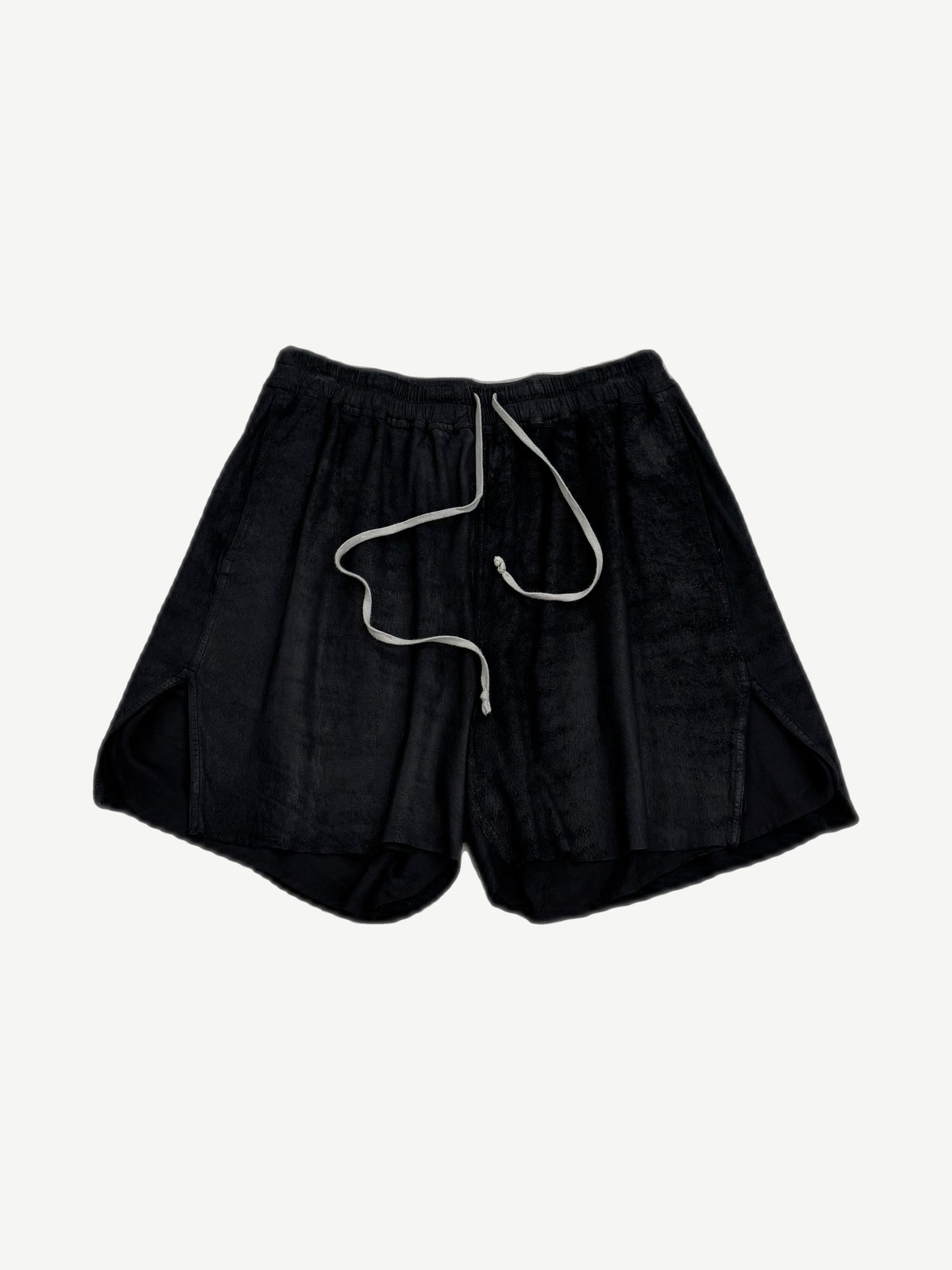 Rick Owens black suede wide-leg drawstring shorts front view with contrast cord and side vents
