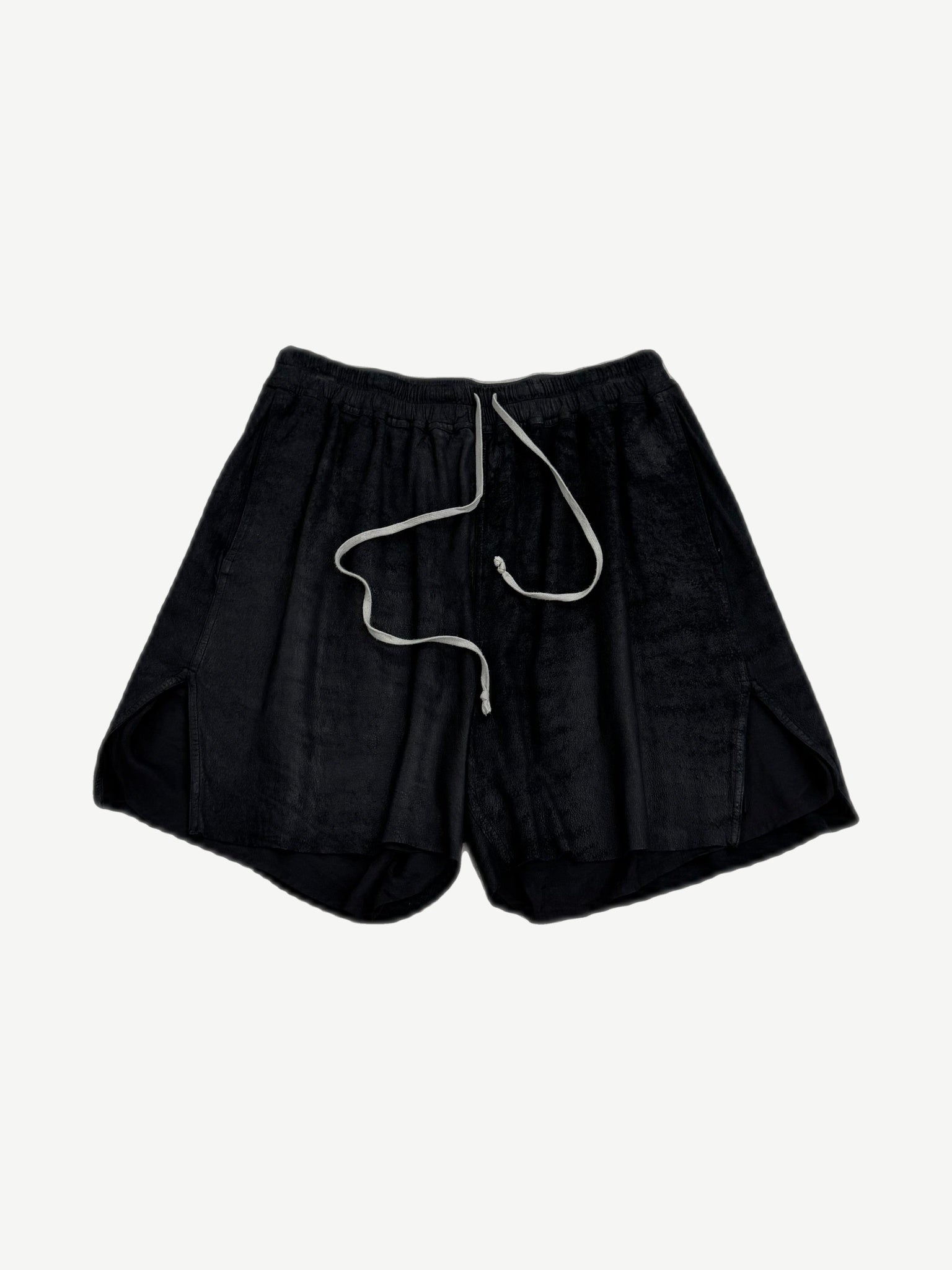 Rick Owens black suede wide-leg drawstring shorts front view with contrast cord and side vents