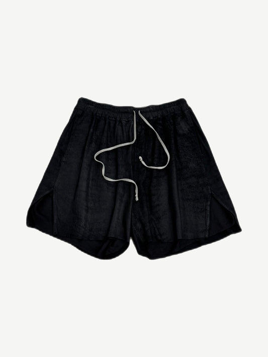 Rick Owens black suede wide-leg drawstring shorts front view with contrast cord and side vents