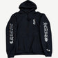 Chrome Hearts black pullover hoodie with metallic silver gothic Chrome Hearts logos down both sleeves