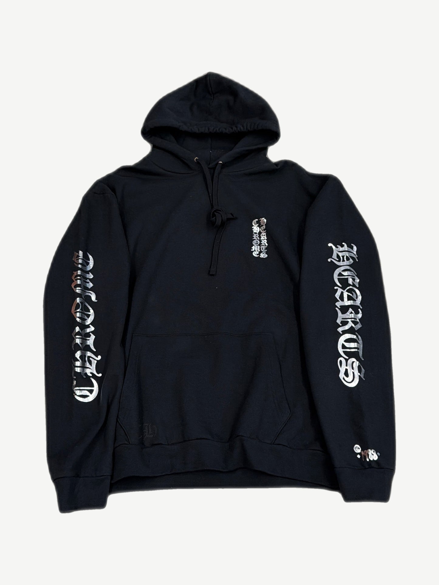 Chrome Hearts black pullover hoodie with metallic silver gothic Chrome Hearts logos down both sleeves