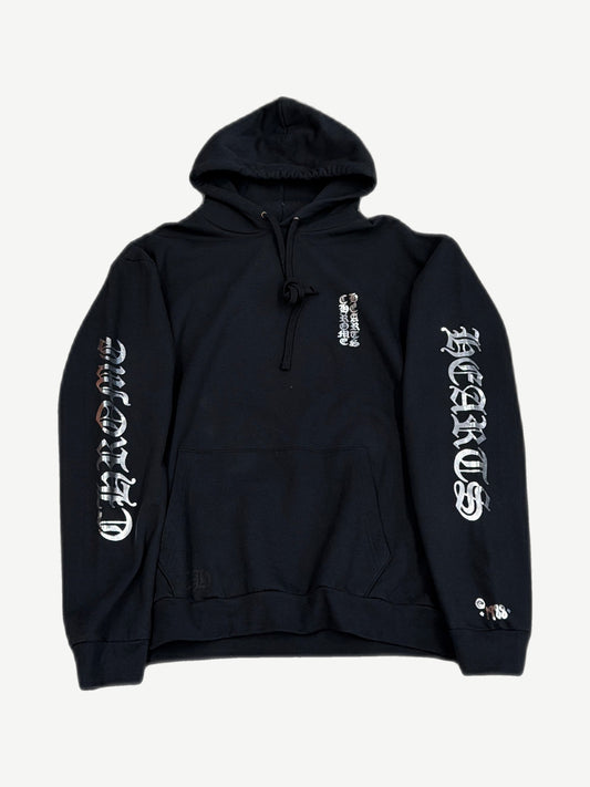 Chrome Hearts black pullover hoodie with metallic silver gothic Chrome Hearts logos down both sleeves