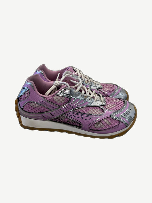 Bottega Veneta Orbit pink mesh sneaker side view with chrome silver overlays, gum sole and white laces