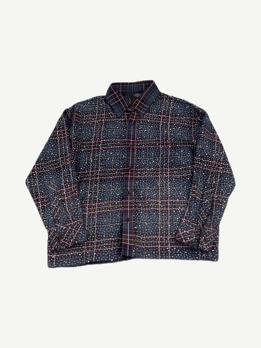 Happy Memories Dont Die navy and red plaid flannel shirt with allover white sequin disco dot embellishment