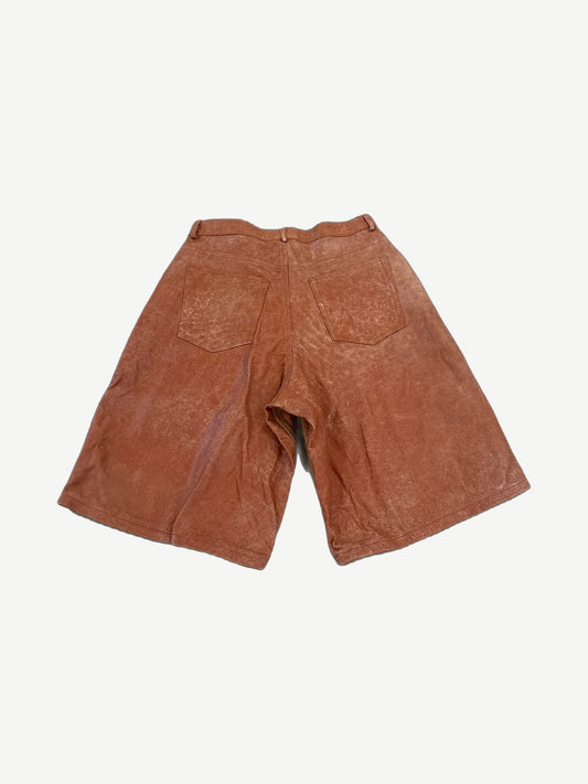 GV Gallery Raspberry Hills Mojave leather shorts back, paneled tan brown leather construction