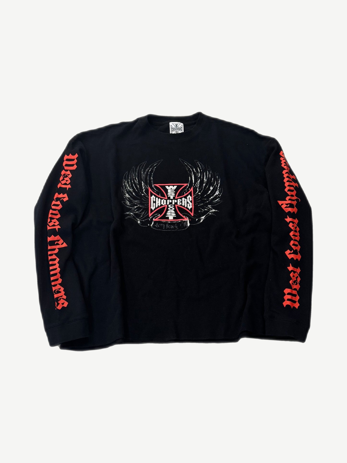Vintage West Coast Choppers black waffle thermal longsleeve with red iron cross wings chest graphic