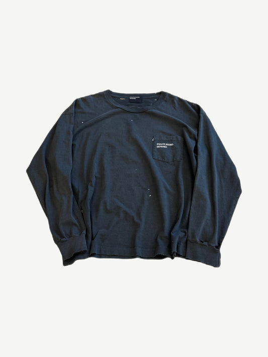 Enfants Riches Deprimes faded navy longsleeve with chest pocket logo, distressed cuffs and paint splatter detailing