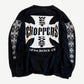 Vintage West Coast Choppers black longsleeve back, large iron cross with Long Beach CA print and sleeve repeats.