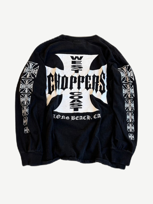 Vintage West Coast Choppers black longsleeve back, large iron cross with Long Beach CA print and sleeve repeats.