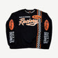 Bottega Desires black Race To Desires longsleeve, orange racing script with checkered flag panel