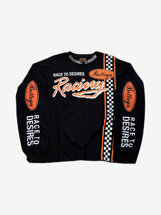 Bottega Desires black Race To Desires longsleeve, orange racing script with checkered flag panel