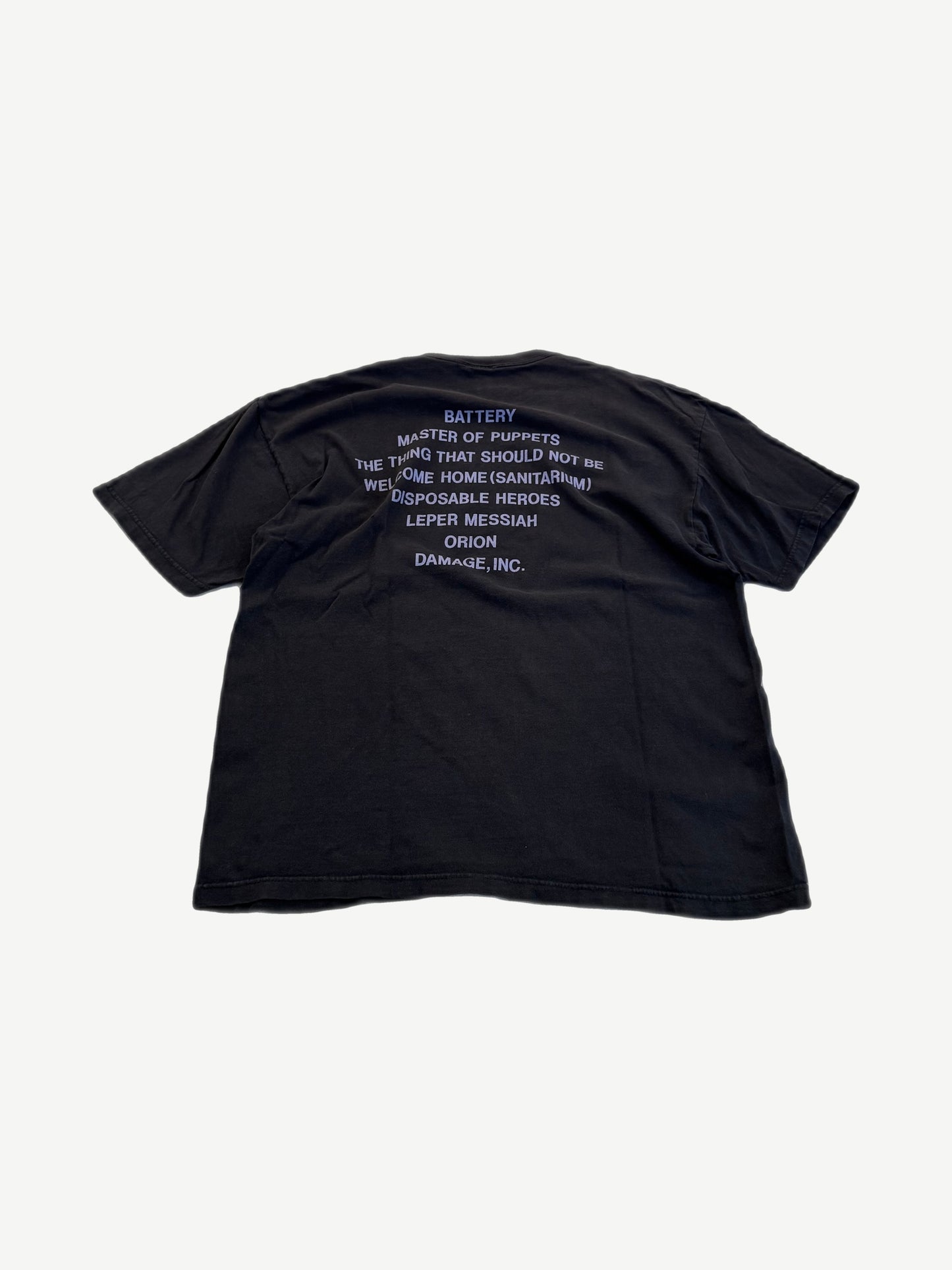 Vintage Metallica Master of Puppets tee back showing Battery and album tracklist print.
