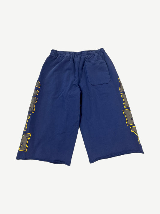 Happy Memories Don't Die navy long shorts back view with distressed varsity letter graphics down legs.